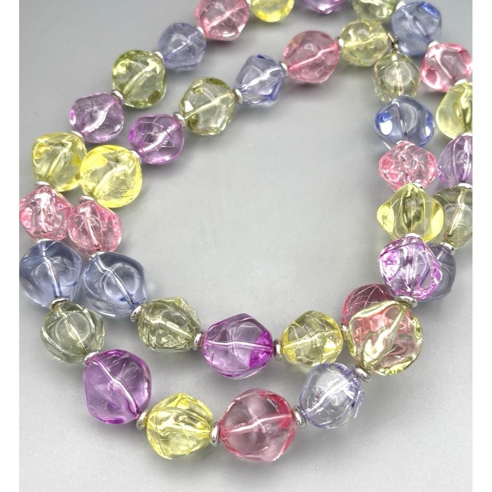 Vintage Chunky Beaded Necklace Clear Pastel Crackle Lucite Spring Flapper 30"